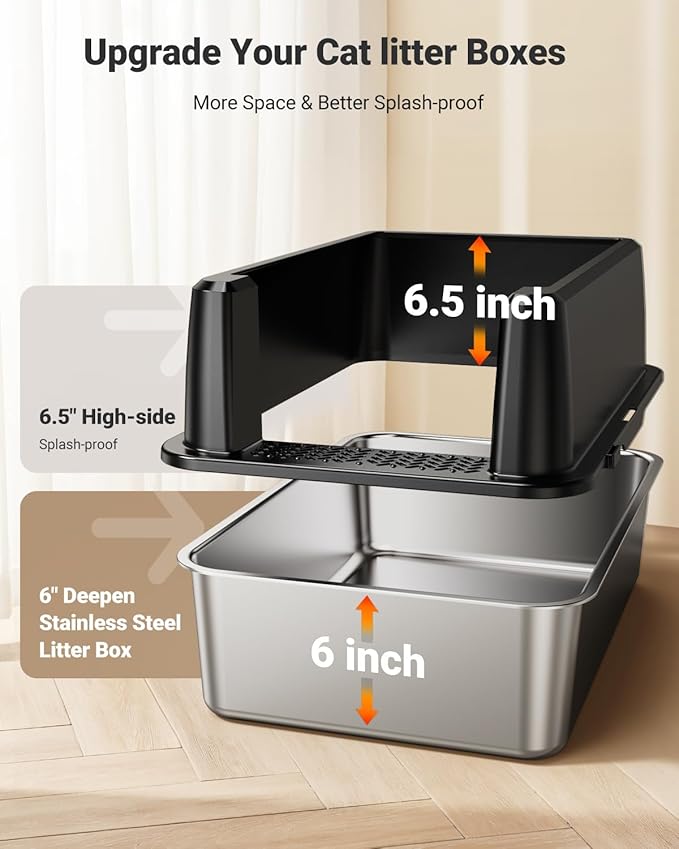 XL Stainless Steel Litter Box, Large Metal Cat Litter Box with High Sided for Big Cats, Enclosed Litter Boxes with Lid, Easy-Clean Cat Litter Mat & Scoop Kit, Anti-Urine Leakage (Black)