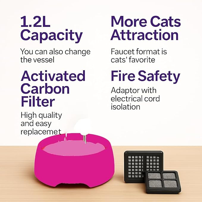 Aqua MINI Portable Pet Water Fountain - Automatic Drinking Bowl for Cats and Dogs - Stainless Steel Faucet - Replaceable Filters - Easy Cleaning - Ideal for Multiple Pets - 1.2L/42 fl oz - Pink