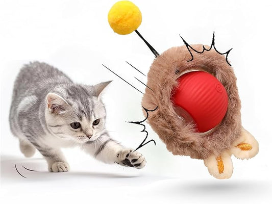 Interactive Cat Toy Ball for Indoor Cats, 2025 New Fast Self Rolling Ball Cat Toy on Carpet, Smart Interactive Automatic Cat Toy Ball for Gifts for Indoor Cats, Moving Cat Toy Ball-Plush Style(Red)