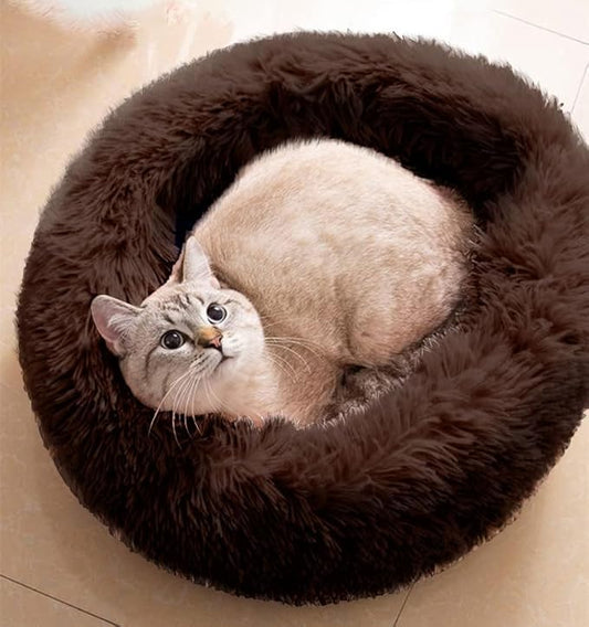 Cat Beds for Indoor Cats - Pet Beds Washable 24 inches, Dog Beds for Small Medium Dogs, Anti Anxiety Round Fluffy Plush Faux Fur Cat Bed, Thick Bottom (Coffee, Large 24" L x 24" W)
