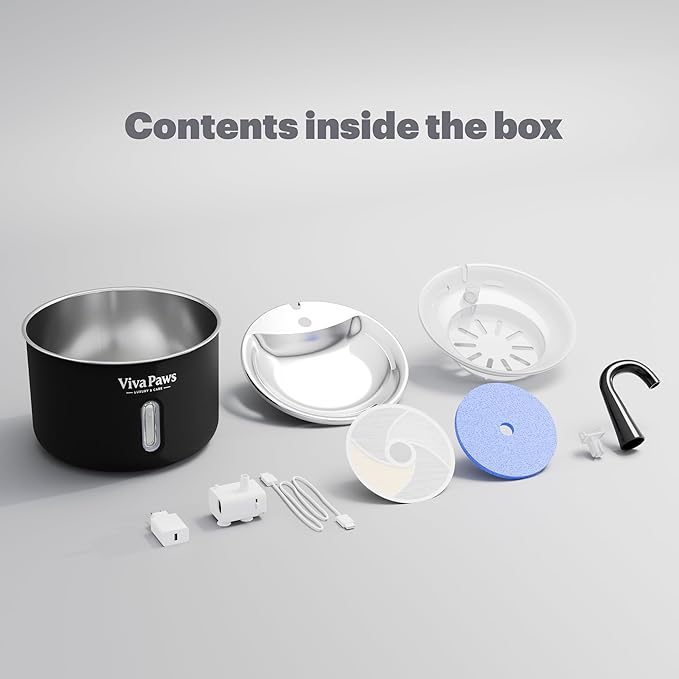 Cat Water Fountain Stainless Steel, Viva Paws 2.2L Automatic Drinking Fountain for Cats, Ultra Quiet Pet Fountain with 4 Stage Filtration System, Easy to Clean Indoor Cat Supplies