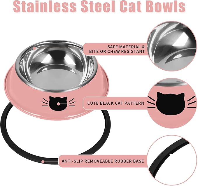 2Pcs Cat Bowls Non-Slip Stainless Steel Small Cat Food Bowls Unbreakable Thicken Cat Feeder 7 Oz Cat Dishes Suitable for Indoor Small Pets Removable Rubber Base Easily Clean Lovely Color