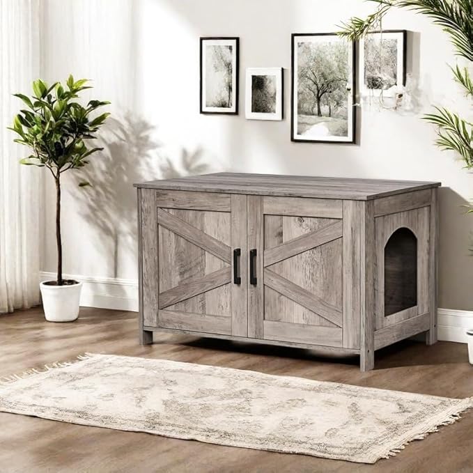 Homhedy Cat Litter Box Enclosure, Wooden Cat Washroom Furniture with Barn Door, Pet House, Fit Most of Litter Box, Greige