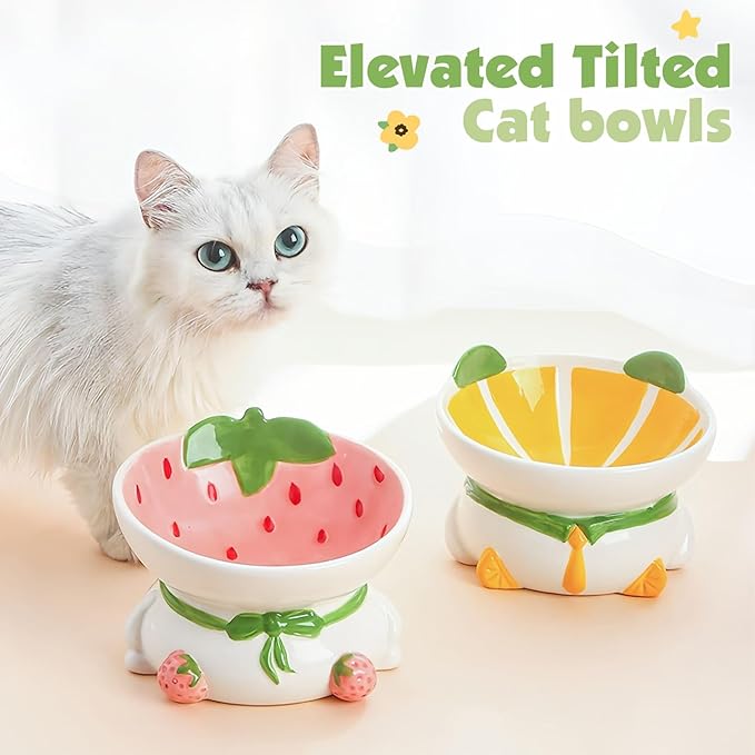 Kathson Ceramic Elevated Cat Bowl, 15 Tilted with Stand - Lemon Shaped, Anti Vomiting, Small Cat Bowl