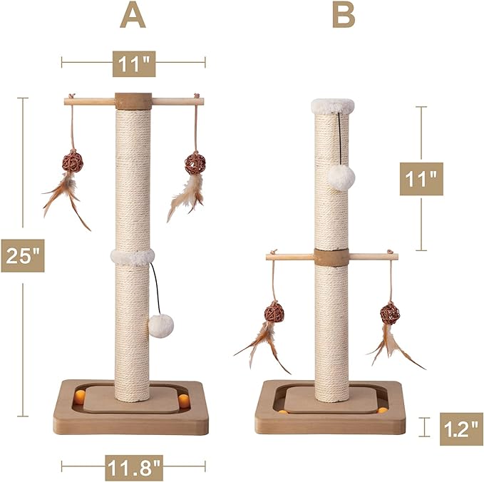 PEEKAB Cat Scratching Post Premium Sisal Scratch Posts with Tracking Interactive Toys Vertical Scratcher for Indoor Cats and Kittens- 25 inches Beige