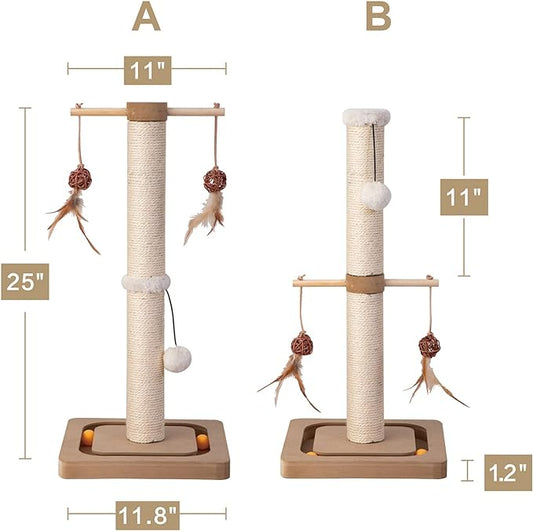 PEEKAB Cat Scratching Post Premium Sisal Scratch Posts with Tracking Interactive Toys Vertical Scratcher for Indoor Cats and Kittens- 25 inches Beige