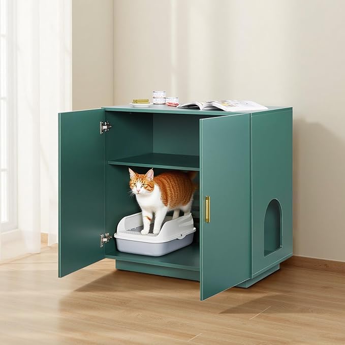 VEVOR Cat Litter Box Enclosure, 31.5 in Hidden Litter Box Cabinet, Wooden Indoor Cat Washroom with Ventilated Holes, Double-Door Kitty Pet House Furniture, End Side Table Fit Most Litterboxes