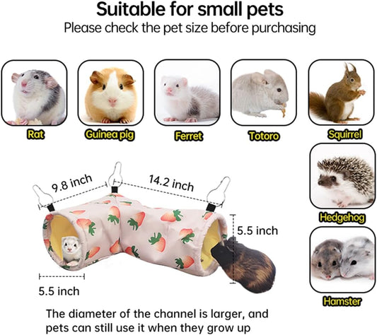 Large Caliber Guinea Pig Hideout & Hammock, Corner Hideout Toy for Guinea Pig, Ferret, Hedgehog, Piggy-2 Tunnel Strawberry