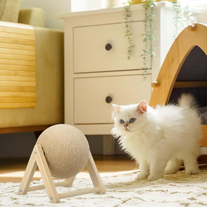 Sisal Rope Cat Scratching Ball - Cats Scratching Toy Kitten Interactive Wood Scratcher Pet Supplies - Brown Pet Scratcher Board Toys for Indoor Outdoor Multi-Occasion Use, 8.7x7.1x6.3in