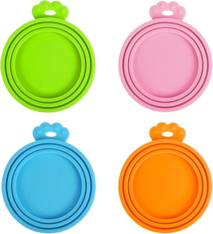 PetBonus 4 Pack Silicone Pet Can Cover Lids, Universal Size for Dog Cat Food, 1 fit 3 Standard Size Can Tops, BPA Free Dishwasher Safe (Blue, Green, Orange, Pink)