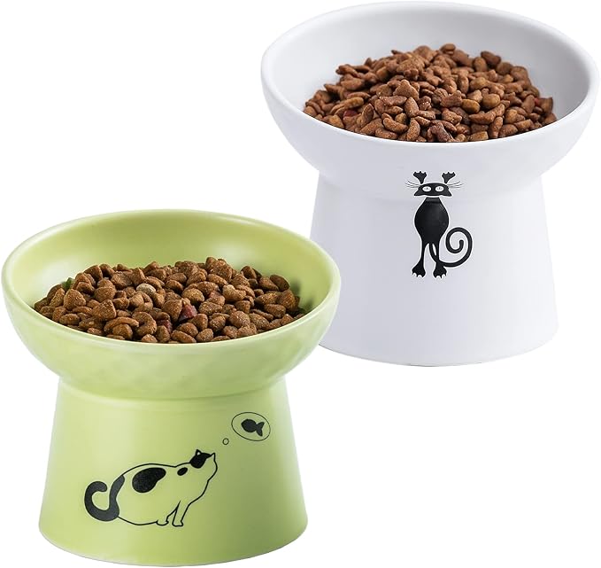 OMAYKEY Ceramic Raised Cat Bowls, Tilted Elevated Cat Food Water Bowl Set, Porcelain Stress Free Pet Feeder Dish for Cats and Small Dogs, Dishwasher and Microwave Safe - White & Fruit Green, Set of 2