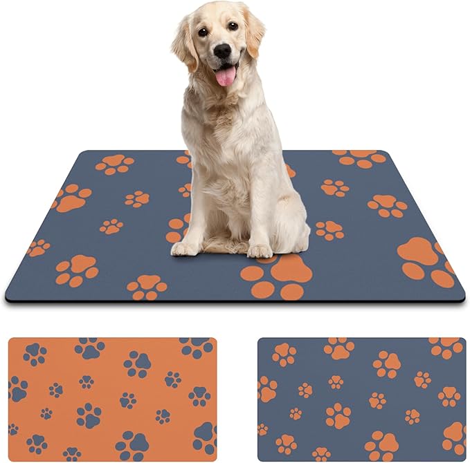 12"×20" Dog Food Mat-Absorbent Mat for Food and Water No Stains Quick Dry Cat Bowl Mat Non Skid Dog Feeding Mat with Footprints for Messy Drinkers Blue
