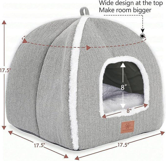 Cat Beds for Indoor -Cat Cave House Tent for Kittens and Laege Pets with Removable Washable Cushioned, Foldable Kitten Hideaway with Non-Slip Bottom, Grey, 17.5 inches