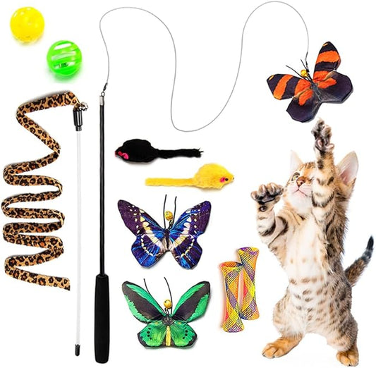 AWOOF Butterfly Cat Wand Cat Toys Set, Realistic Crinkle Catnip Butterflies Kitten Toys with Retractable Interactive Cat Wand 11 PCS Cat Toys for Indoor Cats