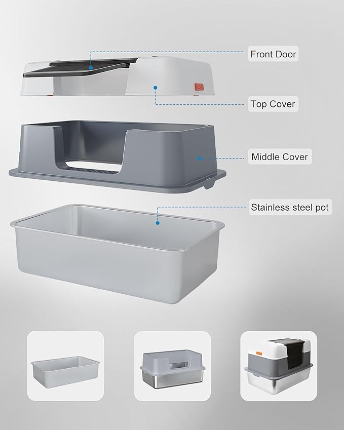 Stainless Steel Cat Litter Box Enclosed with Lid，Covered Metal Kitty Litter Box with Litter Mat and Odor Reduction Pack(2kg), Metal Scoop，Switchable Design, Easy Clean，Odor-Control, Leak-Proof