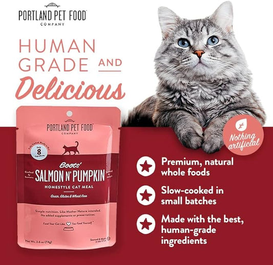 Human-Grade Mixed Variety Pack Wet Cat Food Pouch Boots' Salmon N' Pumpkin - Moist, Soft Cat Food Mixer, Topper, and Rotational Meal by Portland Pet Food Company -12 Pack