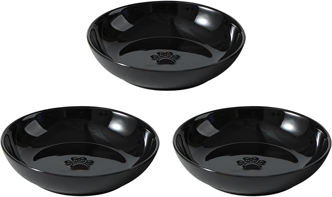5.7'' Ceramic Wide Whisker Friendly Cat Dishes, Set of 3 Ceramic Cat Bowls, Indoor Kitten Feeding Food& Water Dish to Prevent Whisker Fatigue(3 Pcs, Black)