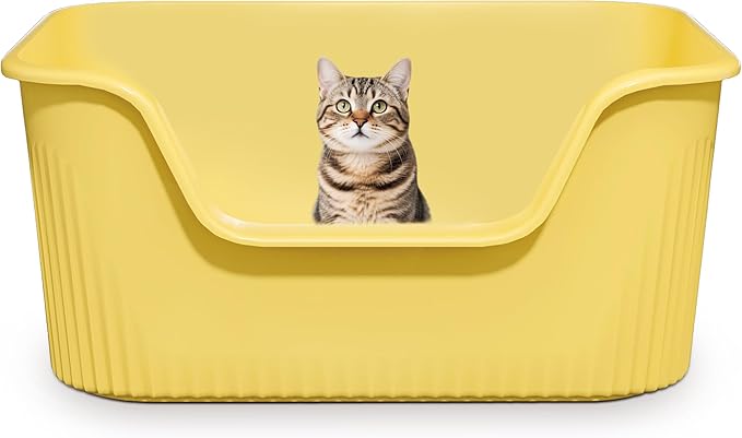 Large Litter Box with High Sides 21.5 * 16.1 * 10.4 inches Big Litter Boxes for Large Cats Easy Clean Open Cat Litter Box, Anti-Splashing&Leak-Proof, Yellow