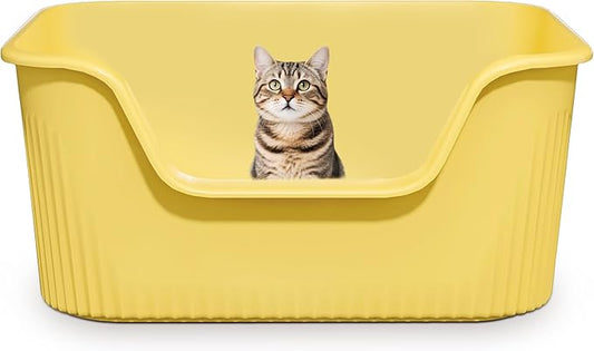 Large Litter Box with High Sides 21.5 * 16.1 * 10.4 inches Big Litter Boxes for Large Cats Easy Clean Open Cat Litter Box, Anti-Splashing&Leak-Proof, Yellow