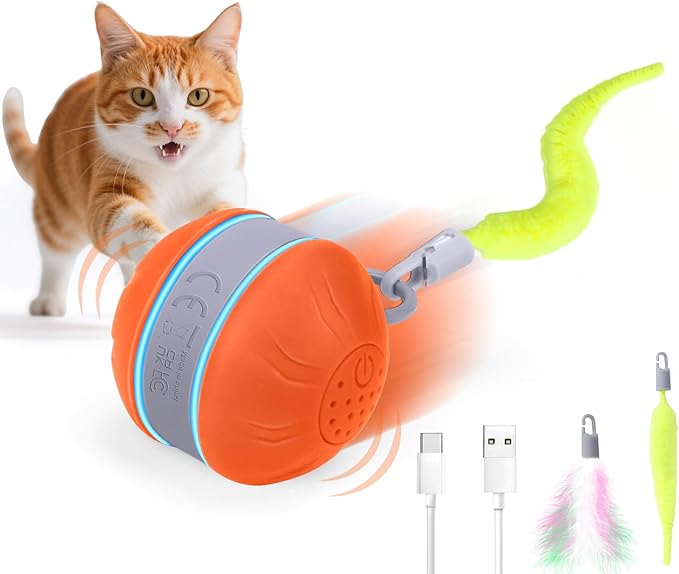 AIERSA Interactive Cat Toys for Indoor Adult Cats, Automatic Self-Play Cat Ball Toy for Kitten to Keep Them Busy, Electric Moving Chase Toy (Orange)