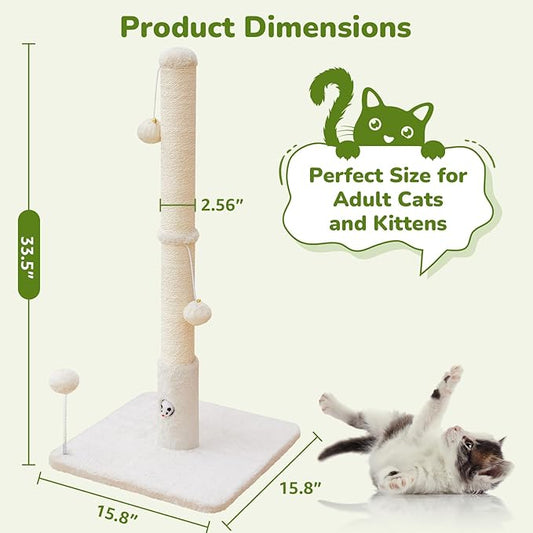 Cat Scratching Posts 33" for Adults Cats, Cat Scratcher with Soft Fabric Covering Base and Durable Sisal Rope, Scratcher with Fun Mouse Hole and Cat Toy for Tall Cats (White)