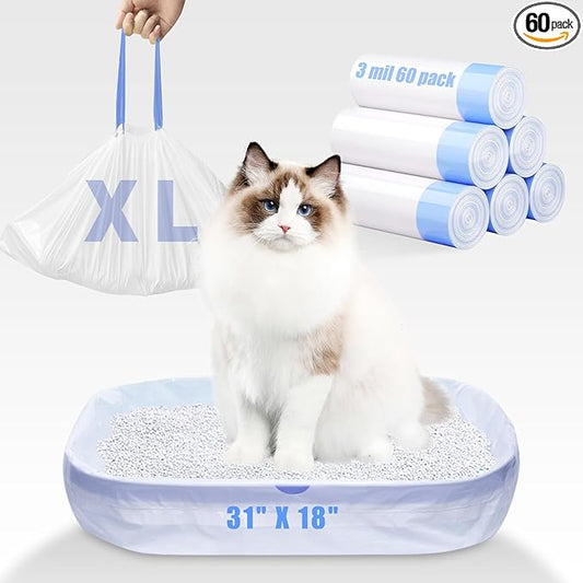 60 Pack Large Cat Litter Bags - 3MIL Extra Thick Leakproof Litter Box Liners, 31"x18" Heavy Duty Drawstring Cat Litter Liners for Automatic Litter Box, Odor Control Disposable Kitty Litter Bags 6 Roll