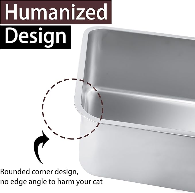 Stainless Steel Cat Litter Box for Adult Cats or Kitty/Kitten 23.6"x15.8"x8" Rust-Proof, High Side, Non Stick, No Smell, Easy to Clean Metal Cat Litter Box