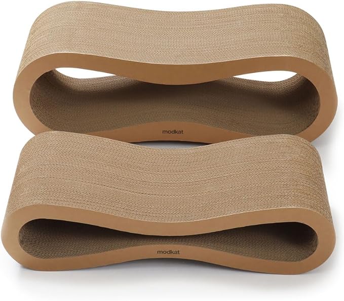 Modkat® Premium 2 Cat Scratcher Set. Large (30L X 10.6H in.) and Small (26.6L X 7H in.) Sizes. Scratch, Play Lounge. High-Grade Cardboard, 100% Recyclable, Reversible.