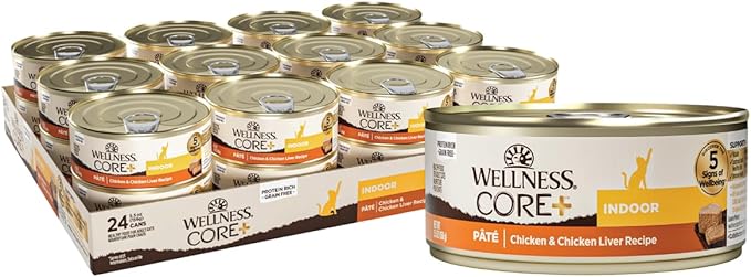 Wellness CORE+ Indoor Pate Adult Wet Cat Food, Natural, Protein-Rich, Grain Free, 5.5 Ounce, 24 Pack (Chicken & Chicken Liver)