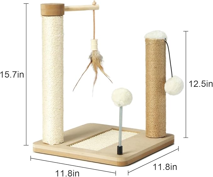 PAWSFANS Small Cat Scratching Post Toys,Sisal Jute 2 Scratch Posts for Kittens and Cats,Hanging Ball with Feather Spring Ball 16inches Beige