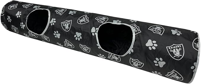 NFL Las Vegas Raiders Cat Tunnel Tube Toy with Plush Football Catnip and Feathers Collapsible Tunnel for Cats to Play, Peek and Hide, Sporty & Fun Cat Tunnel Toy with Team Logo All-Over Design!