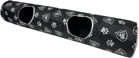 NFL Las Vegas Raiders Cat Tunnel Tube Toy with Plush Football Catnip and Feathers Collapsible Tunnel for Cats to Play, Peek and Hide, Sporty & Fun Cat Tunnel Toy with Team Logo All-Over Design!