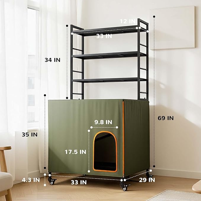 Lekereise Large Hidden Litter Box Furniture, Cat Litter Box Enclosure with Removable Waterproof Cover, Kitty Litter Box Furniture with 3-Tier Adjustable Shelves Storage and Wheels (70.87”H, Green)