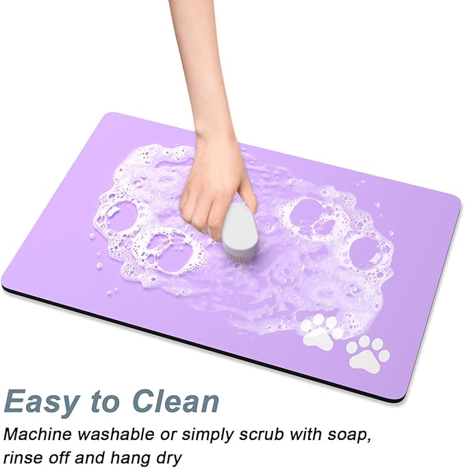 Rnivvi Dog Food Mat, 12" x 19" Footprint Absorbent Dog Cat Bowl Mat for Food and Water, Cute Anti-Slip Rubber Pet Feeding Rug Protect Floors, Puppy Placemat for Feeding & Watering Supplies, Purple