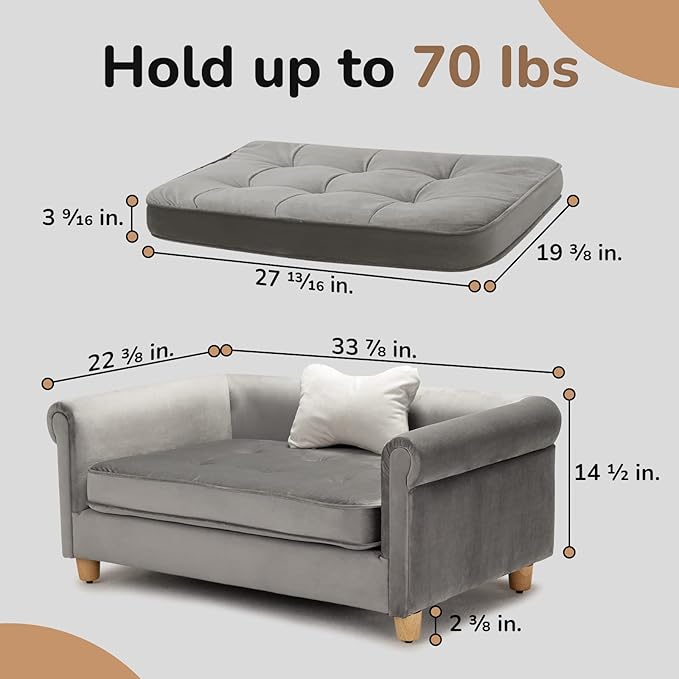 dCee Dog Sofa Bed for Medium Dogs of 70 Lbs, 33 in. Soft Velvety Dog Couch for Comfort Sleep and Joint Support, Dark Grey