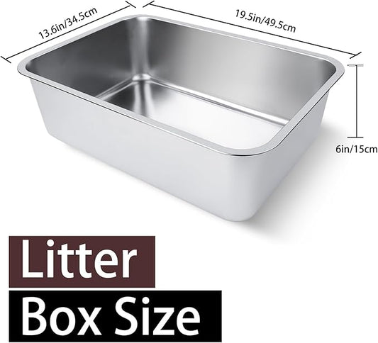 Stainless Steel Cat Litter Box for Adult Cats or Kitty/Kitten 19.5"x13.6"x6" Rust-Proof, High Side, Non Stick, No Smell, Easy to Clean Metal Cat Litter Box