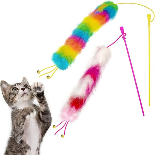 2 Pack Cat Wand Toy, Rainbow Cat Feather Toys with Bells, Teaser Wand with Soft Furry Tail, Interactive Toys for Indoor Cats & Kitten & Kitty
