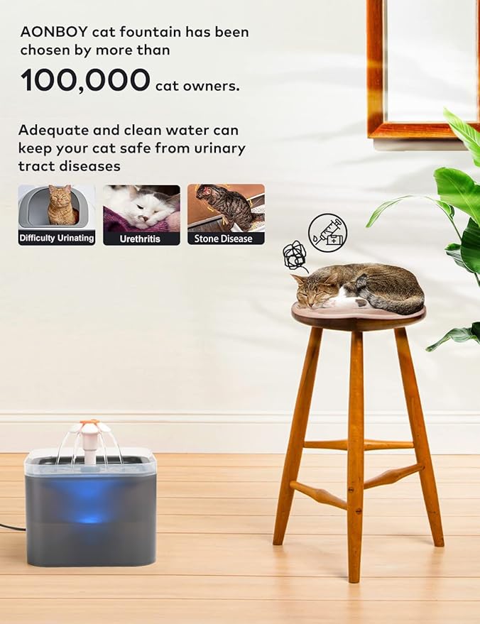 Cat Water Fountain 2 Liter : Cat Fountains for Drinking with Light - Small Pet Water Fountain - Kitty Water Fountain Cute - Cat Fountains for Drinking Easy to Clean - Including 4 Filters + 2 Sponges
