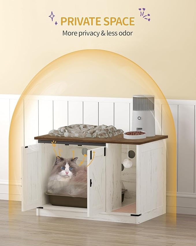 Cat Litter Box Enclosure, Hidden Litter Box Cabinet Furniture with Bell, Indoor Cat House, Farmhouse Style, 31.5 x 19.7 x 20.9Inches, for Hallway, Bedroom, Rustic Brown and White CB82414X