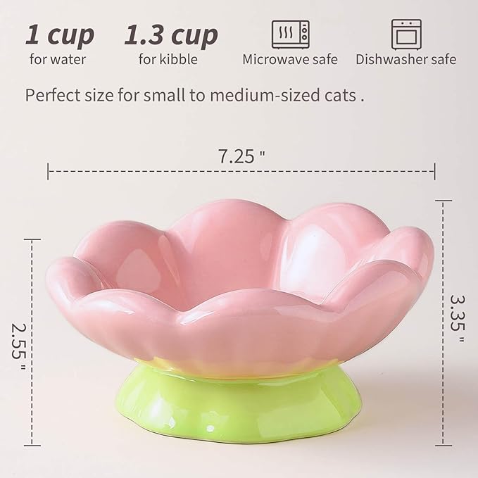 Ceramic Raised Cat Bowl, Shallow Wide, Anti-Vomiting and Whisker Fatigue, Non-Slip, Tilted Cute Flower Cat Food and Water Bowls for Indoor Cats or Small Dogs, Pink