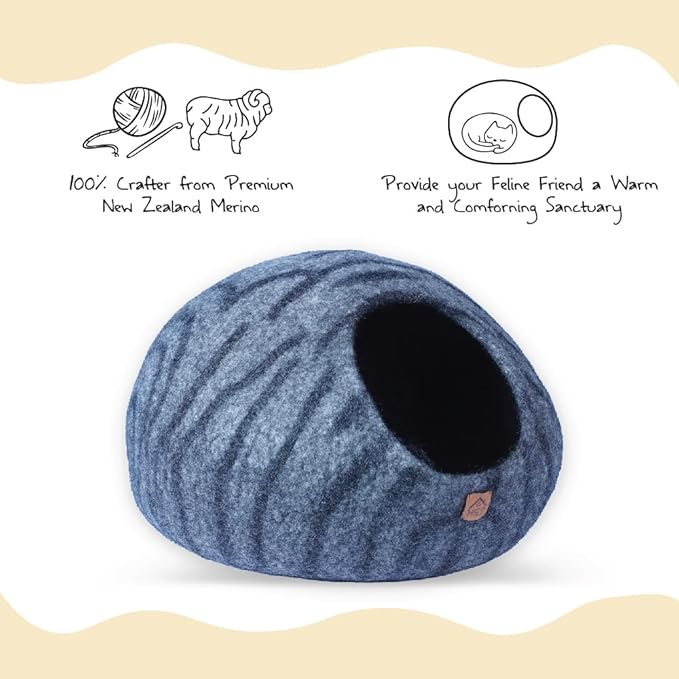 Large Wool Cat Cave Premium Felt Bed for Cats & Kittens Pet House Natural 100% Merino Wool Handmade Indoor Hideaway Eco-Friendly Cove 19 Inch Diameter Round Handcrafted Dome (Dark Gray Tiger)