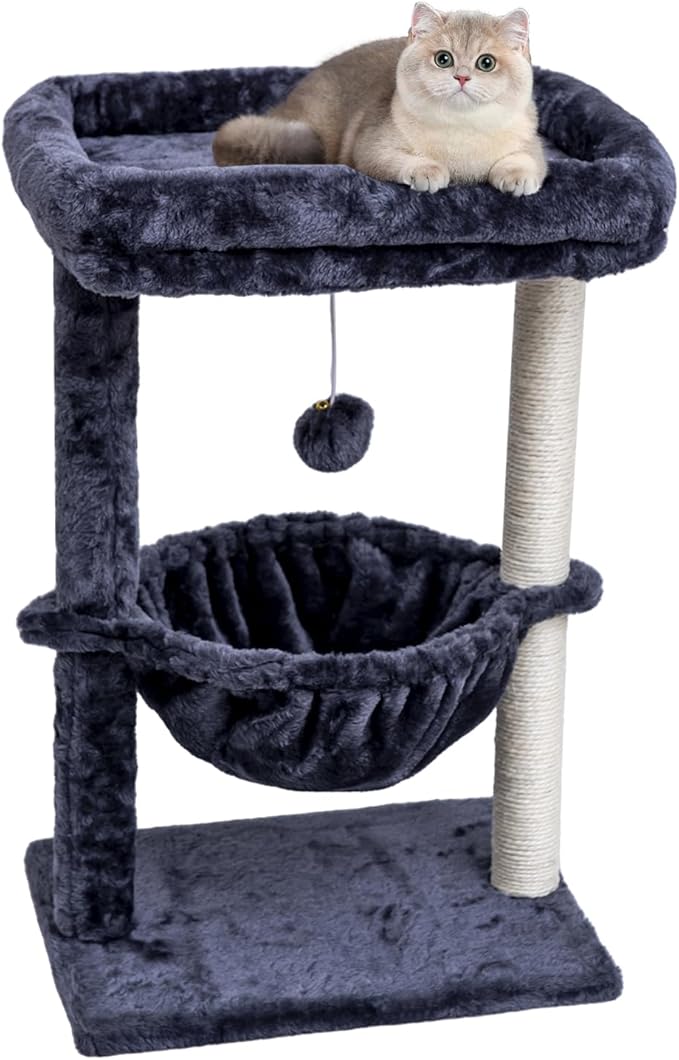 SYANDLVY Small Cat Tree for Indoor Cats, Activity Cat Tower with Scratching Post for Kittens, Cat Condo & Furniture with Basket & Hanging Ball for Play Rest