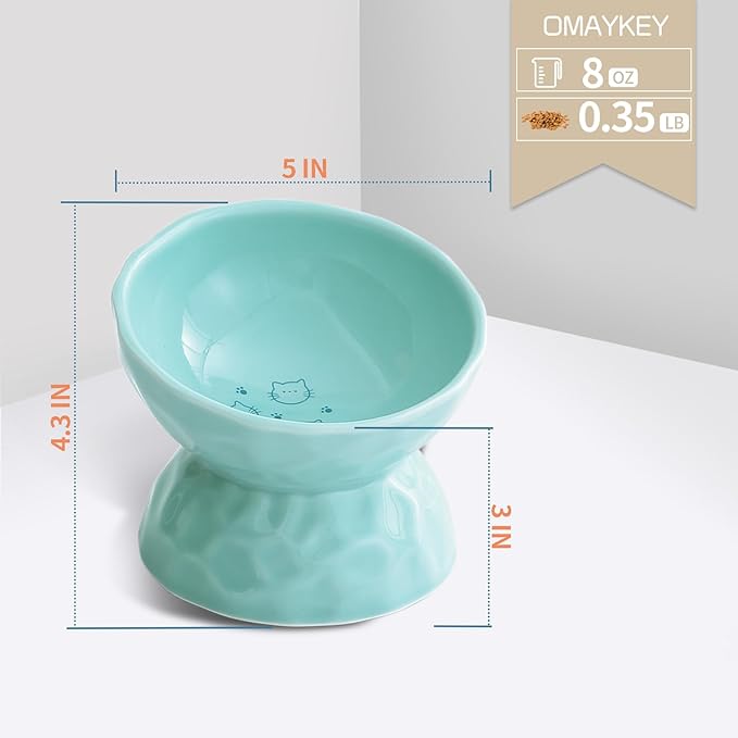 OMAYKEY Ceramic Raised Cat Bowls, Tilted Elevated Cat Food and Water Bowl Set, Porcelain Stress Free Pet Feeder Dish for Cats and Small Dogs, Dishwasher and Microwave Safe,Green, Set of 2