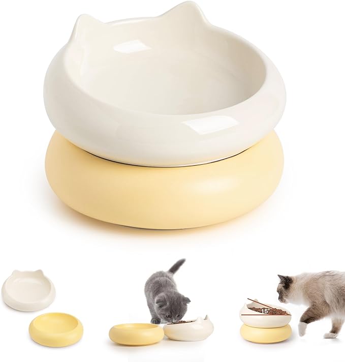 Cat Bowl, Ceramic Cat Bowls Food and Water Bowl Set, Whisker Friendly Cute Kitten Food Bowls for Protecting Pet's Spine, Beige & Yellow