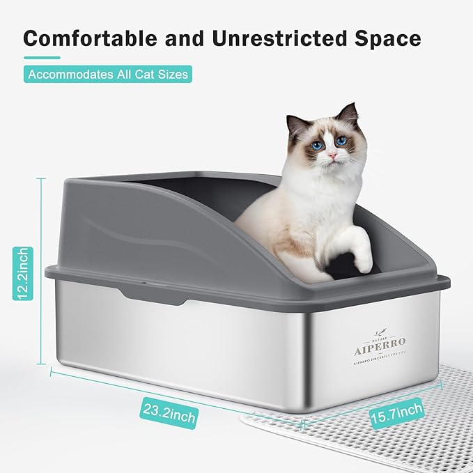 Stainless Steel Cat Litter Box with Lid | XL Extra Large Litter Box for Big Cats | Metal Litter Boxes High Sided | Enclosed Anti-Urine Leakage, Include Litter Mat and All-Metal Litter Scoop