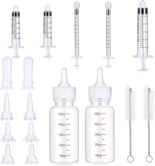 17 Pieces Pet Nursing Bottle Kit Including 2 Pet Feeding Bottle, 8 Replacement Feeding Nipples, 5 Dog Nursing Syringes in 1 Ml, 5 ml and 10 Ml, 2 Cleaning Brushes for Kittens, Puppies, Rabbits