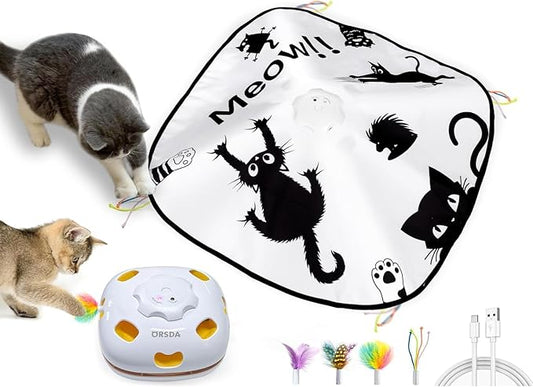 ORSDA Cat Toys, 4 in 1 Interactive Automatic Kitten Toy for Indoor Cats, Rechargeable Electric Moving Ambush Feather Mice Whack-A-Mole, Hide and Seek, Chase Feather for Kitty for Kicker Adult Cat