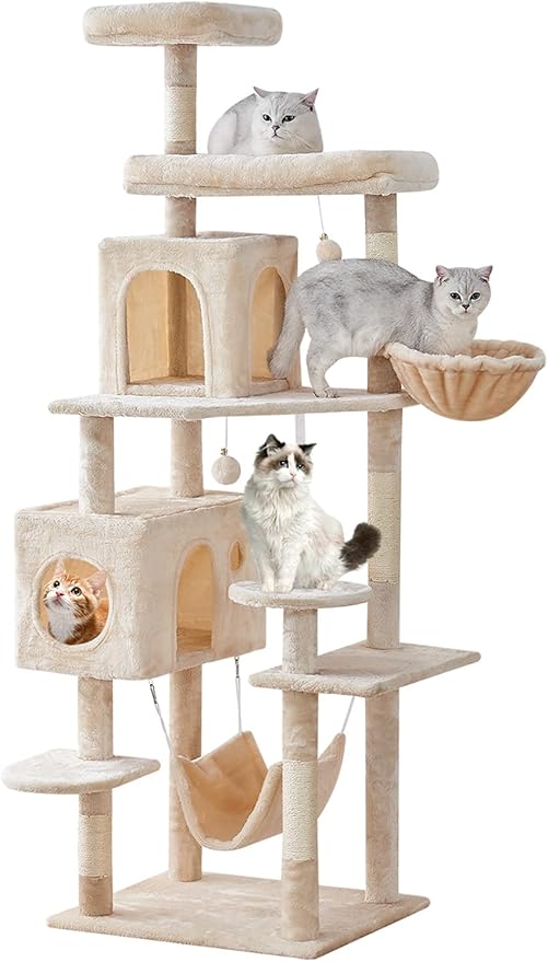 Cat Tree 71.6 inches Cat Tower for Indoor Cats, Multi-Level Cat Condo Furniture with Scratching Posts Plush Perches, Activity Center with Cozy Basket & Hammock for Large Cat,Beige
