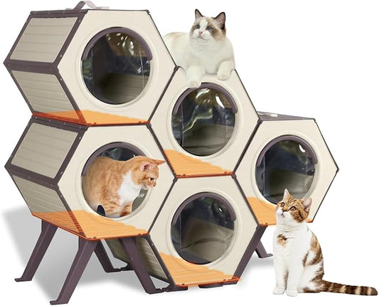 Heated Cat House for Outdoor Winter,Combined Cat Condo with Adjustable Temperature and Time， Insulated Outdoor or Indoor Cat Shelter for Feral with Escape Door (White and Brown, 5 Sets)