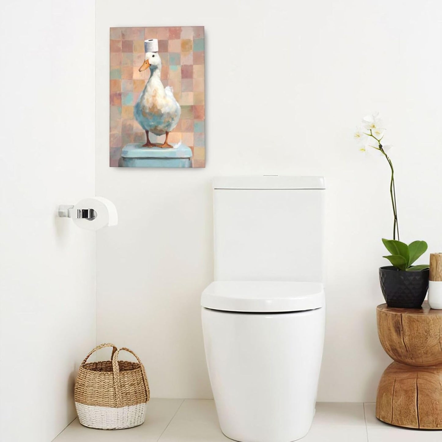 Funny Duck Bathroom Wall Art Cute Duck on Toilet Canvas Wall Decor Funny Quirky Farm Animal Pictures Painting Print Framed Artwork Decorations Gifts for Bathroom 16"x24"